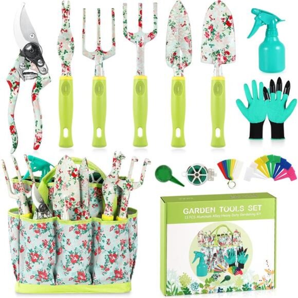 Gardening Tool Set - 13 PCS Heavy Duty Aluminum Gardening Tools Kit Floral Print - Picture 1 of 16